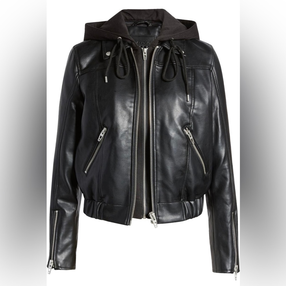 BlankNYC Faux Leather Bomber Jacket with Removable Hood